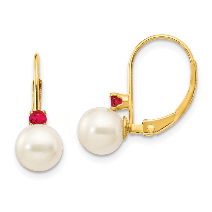 Million Charms 14k Yellow Gold 6-6.5mm White Round Freshwater Cultured Pearl Ruby Leverback Earrings, 15mm x 6mm
