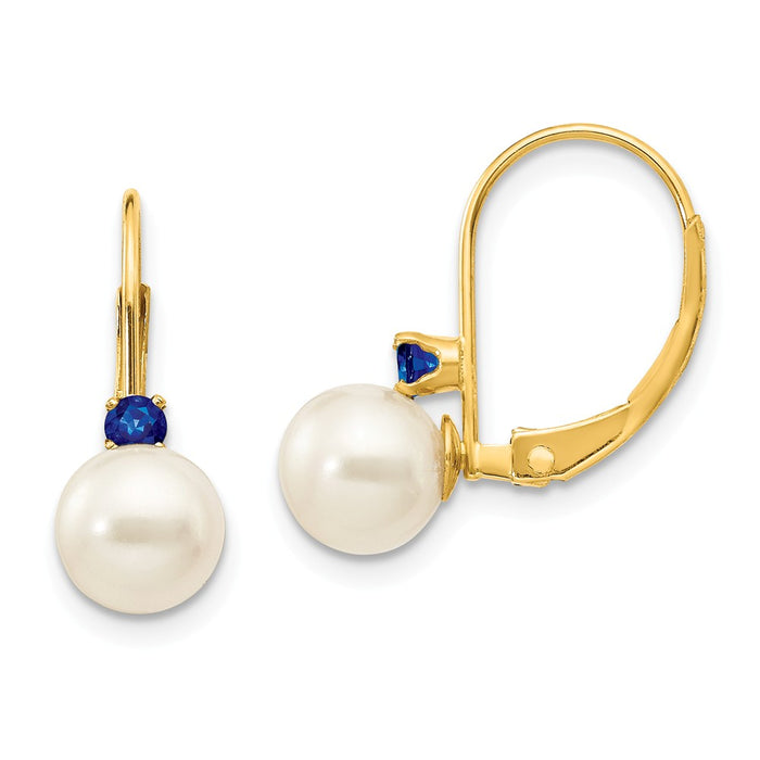 Million Charms 14k Yellow Gold 6-6.5mm White Round Freshwater Cultured Pearl Sapphire Leverback Earrings, 15mm x 6mm
