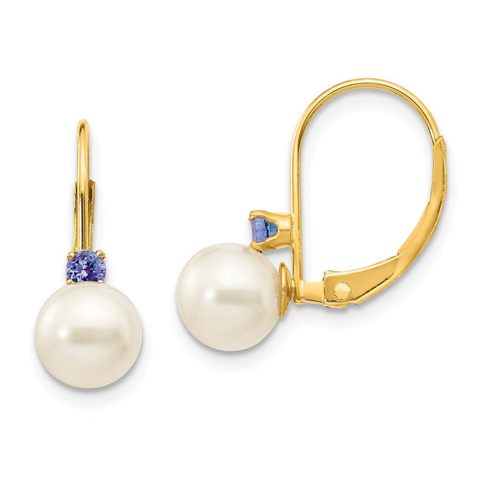 Million Charms 14k Yellow Gold 6-6.5mm White Round Freshwater Cultured Pearl Tanzanite Leverback Earrings, 15mm x 6mm