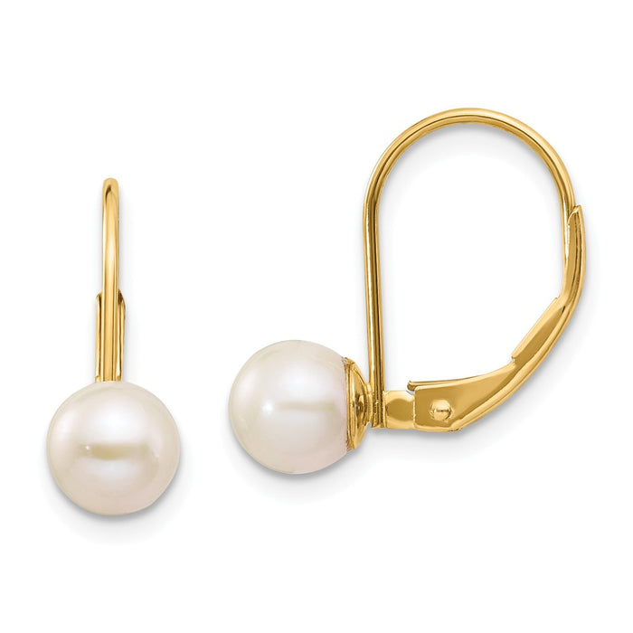 Million Charms 14k Yellow Gold 6-7mm White Round Freshwater Cultured Pearl Leverback Earrings, 20mm x 7mm