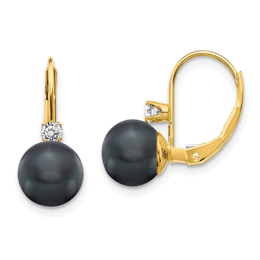 14k Yellow Gold 7-8mm Black Freshwater Cultured Pearl AA Diamond Leverback Earrings, 16mm x 7mm