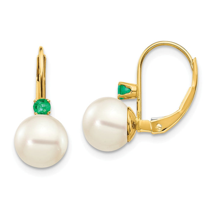 Million Charms 14k Yellow Gold 7-7.5mm White Round Freshwater Cultured Pearl Emerald Leverback Earrings, 16mm x 7mm