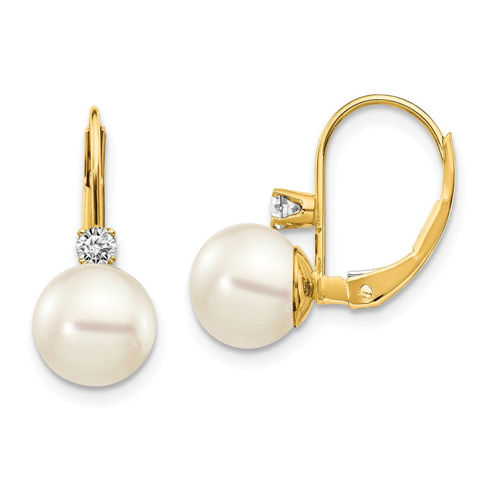 14k Yellow Gold 7-8mm Whtie Round Freshwater Cultured Pearl AA Diamond Leverback Earrings, 16mm x 7mm