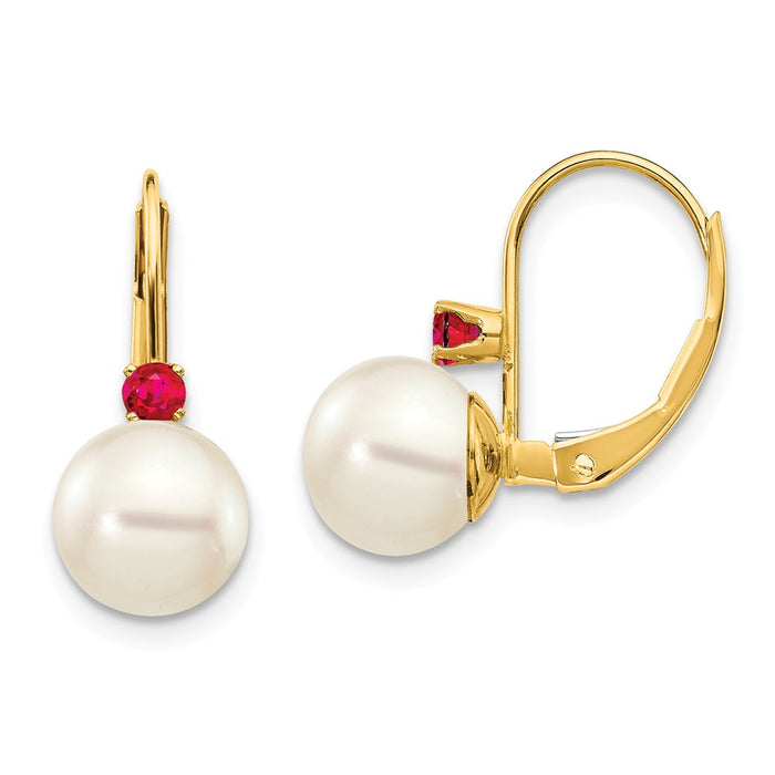 Million Charms 14k Yellow Gold 7-7.5mm White Round Freshwater Cultured Pearl Ruby Leverback Earrings, 16mm x 7mm