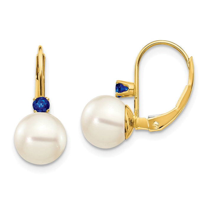 Million Charms 14k Yellow Gold 7-7.5mm White Round Freshwater Cultured Pearl Sapphire Leverback Earrings, 16mm x 7mm