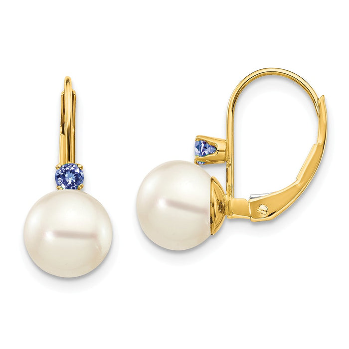 Million Charms 14k Yellow Gold 7-7.5mm White Round Freshwater Cultured Pearl Tanzanite Leverback Earrings, 16mm x 7mm