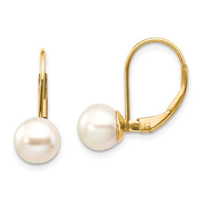Million Charms 14k Yellow Gold 7-8mm White Round Freshwater Cultured Pearl Leverback Earrings, 20mm x 7mm