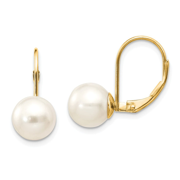 Million Charms 14k Yellow Gold 8-9mm White Round Freshwater Cultured Pearl Leverback Earrings, 15mm x 8mm