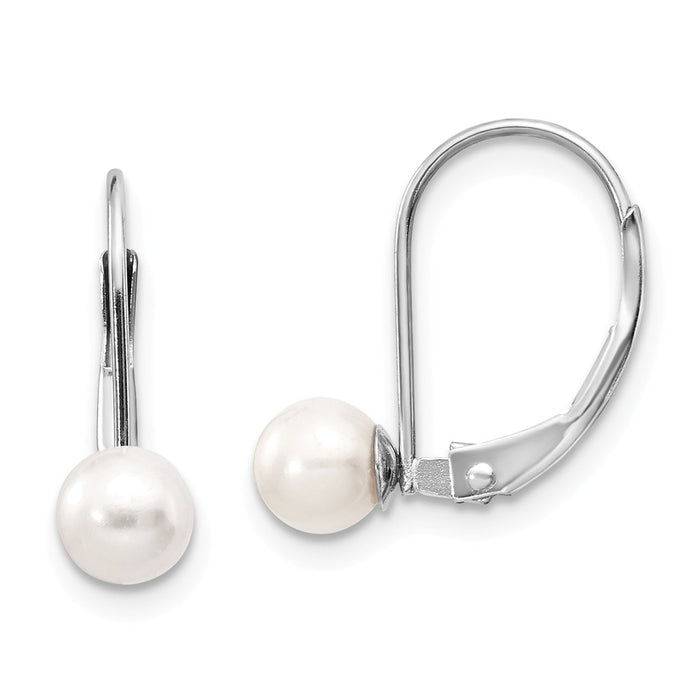 Million Charms 14k White Gold 5-6mm Round Freshwater Cultured Pearl Leverback Earrings, 18mm x 5mm