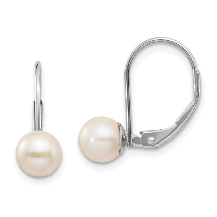 Million Charms 14k White Gold 6-7mm Round Freshwater Cultured Pearl Leverback Earrings, 18mm x 6mm