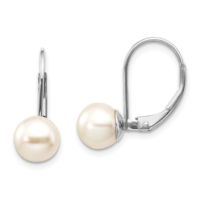 Million Charms 14k White Gold 7-8mm Round Freshwater Cultured Pearl Leverback Earrings, 18mm x 7mm