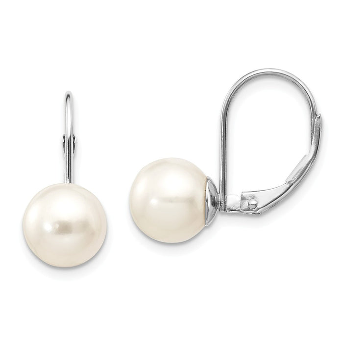 Million Charms 14k White Gold 8-9mm Round Freshwater Cultured Pearl Leverback Earrings, 16mm x 8mm