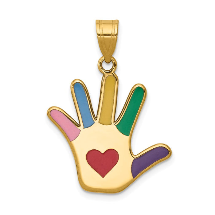 Million Charms 14K Yellow Gold Themed Enameled Autism With Heart Handprint Pendant