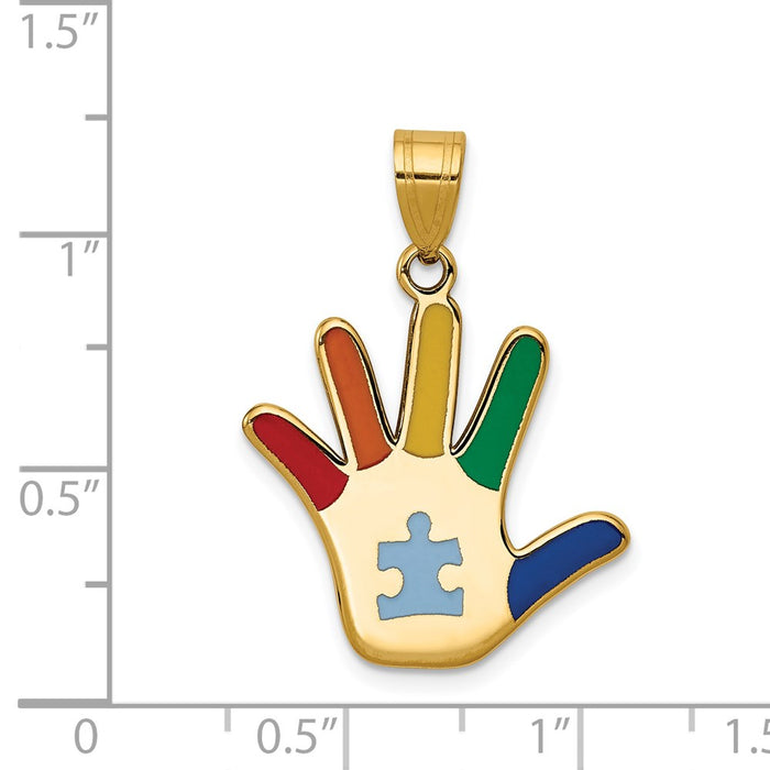 Million Charms 14K Yellow Gold Themed Enameled Autism With Puzzle Piece Handprint Pendant