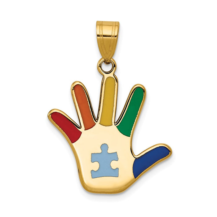 Million Charms 14K Yellow Gold Themed Enameled Autism With Puzzle Piece Handprint Pendant