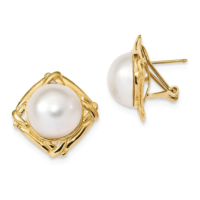 Million Charms 14k Yellow Gold 13-14mm White Mabe Saltwater Cultured Pearl Omega Back Earrings, 13 to 14mm x 13 to 14mm