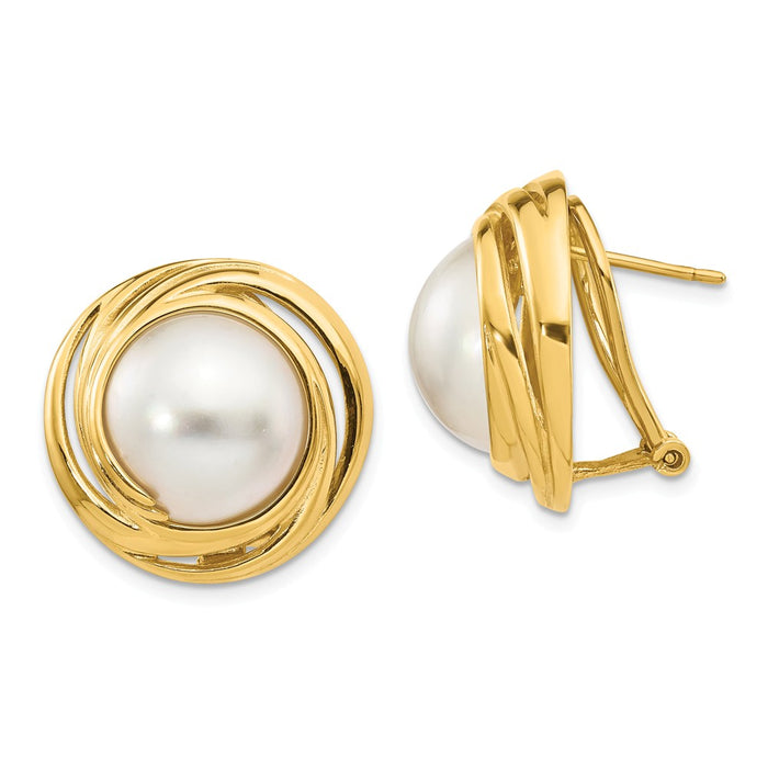 Million Charms 14k Yellow Gold White Akoya Saltwater Mabe Pearl Omega Back Earrings, 21mm x 20mm