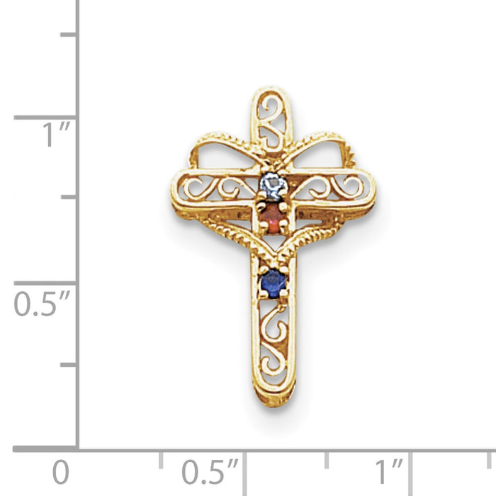 Million Charms 14K Yellow Gold Themed Genuine 3 Stone Mother'S Relgious Cross Pendant