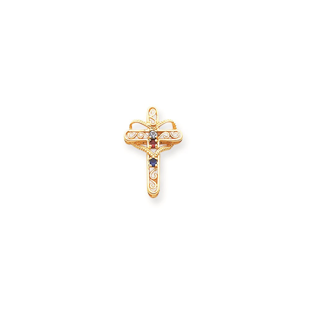 Million Charms 14K Yellow Gold Themed Genuine 3 Stone Mother'S Relgious Cross Pendant