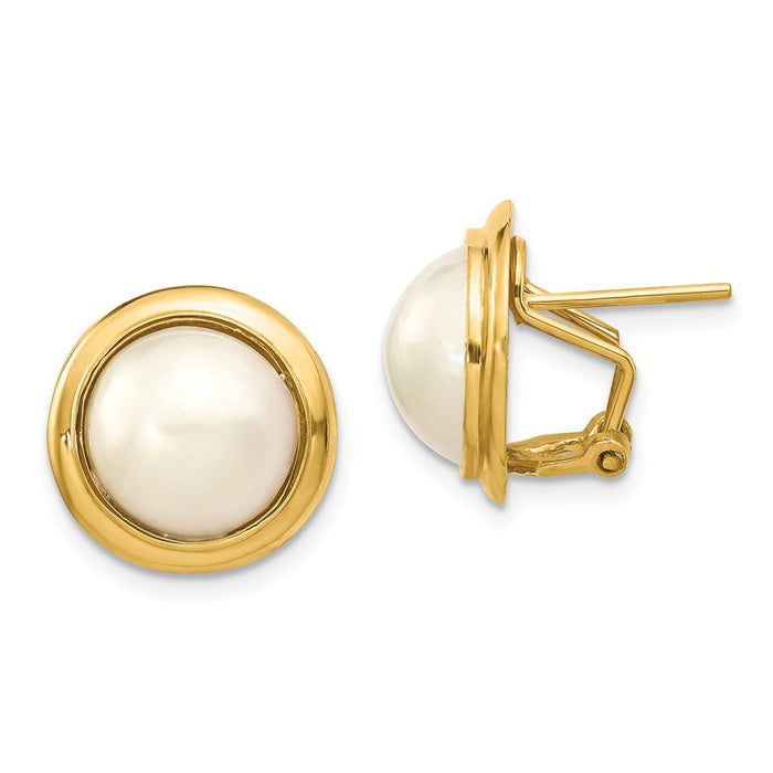 Million Charms 14k Yellow Gold 10-11mm White Freshwater Cultured Mabe Pearl Omega Back Earrings, 18mm x 18mm