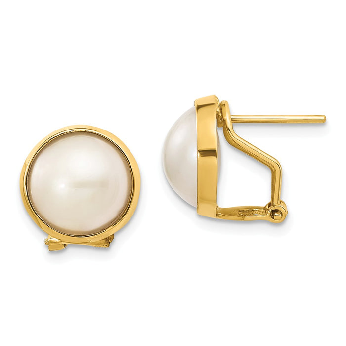 Million Charms 14k Yellow Gold 10-11mm White Freshwater Cultured Mabe Pearl Omega Back Earrings, 18mm x 18mm