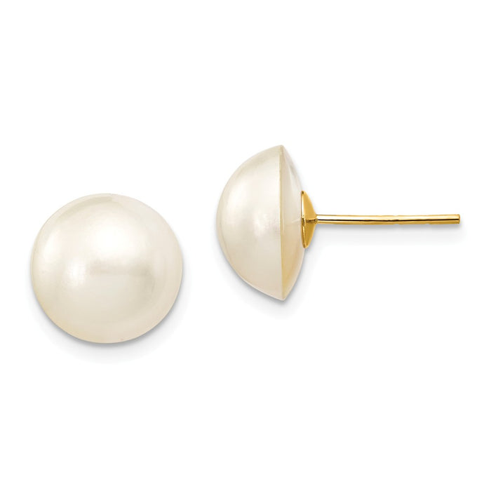 Million Charms 14k Yellow Gold 10-11mm White Freshwater Cultured Mabe Pearl Post Earrings, 10 to 10.5mm x 10 to 10.5mm