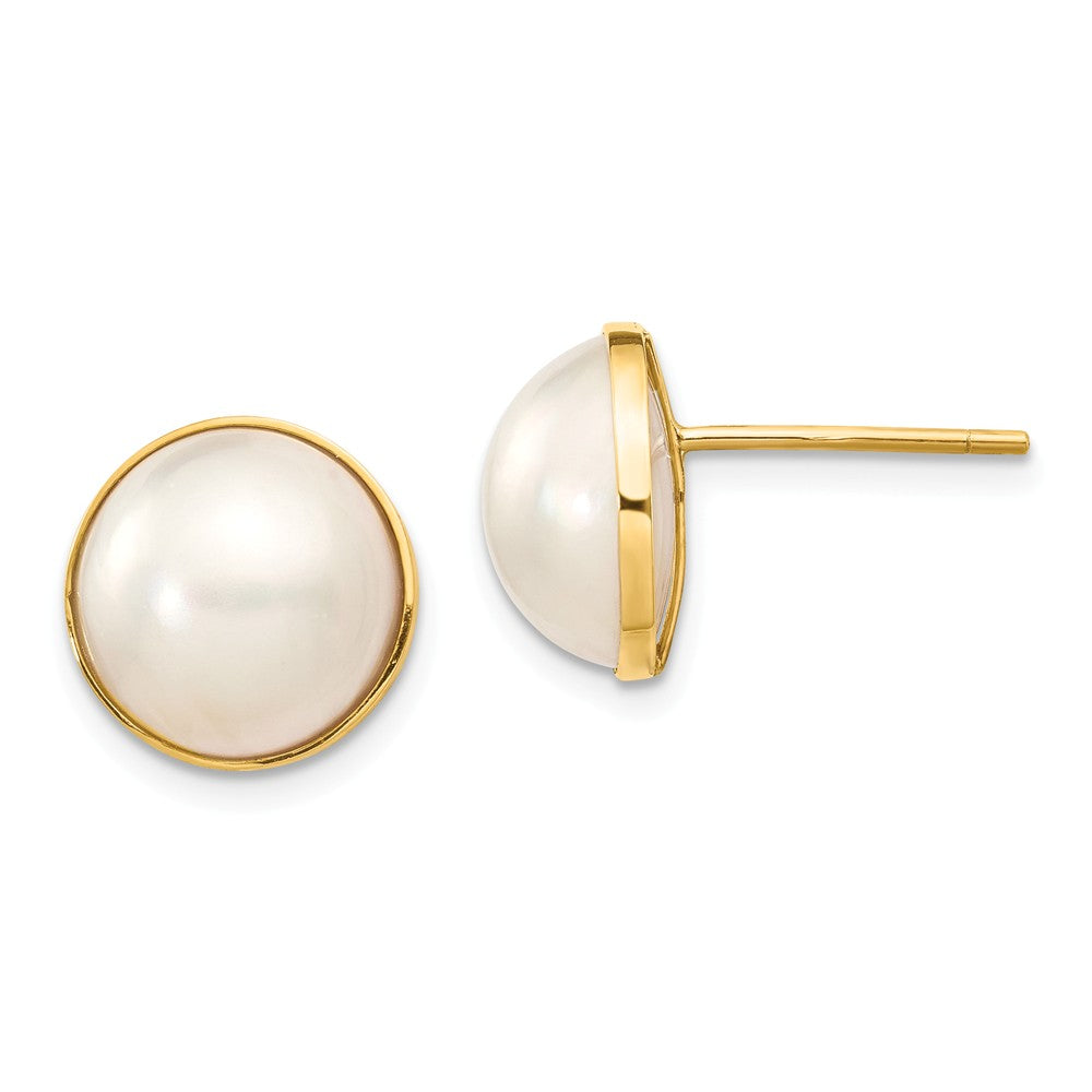 Million Charms 14k Yellow Gold 9-10mm White Freshwater Cultured Mabe Pearl Post Earrings, 12mm x 12mm