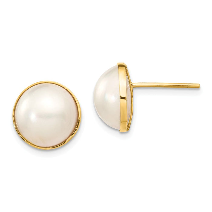 Million Charms 14k Yellow Gold 9-10mm White Freshwater Cultured Mabe Pearl Post Earrings, 12mm x 12mm