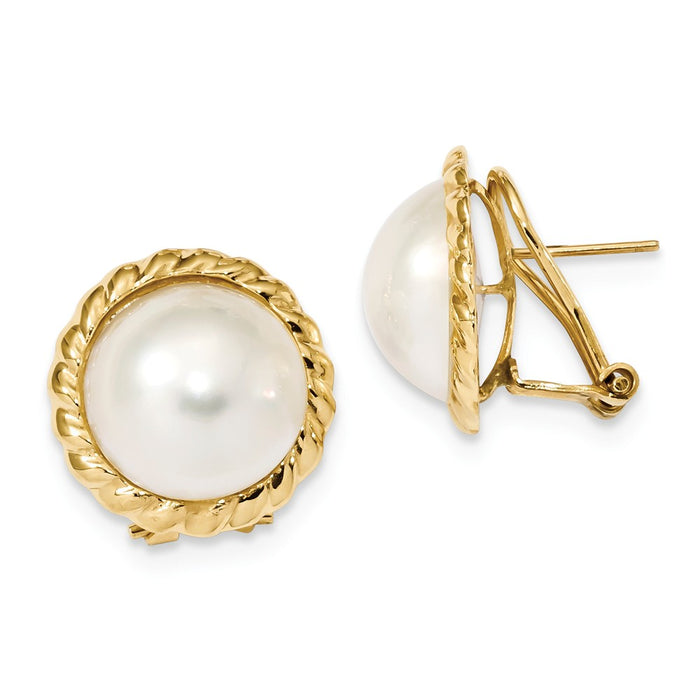 Million Charms 14k Yellow Gold 13-14mm White Mabe Saltwater Cultured Pearl Omega Back Earrings, 13 to 14mm x 13 to 14mm