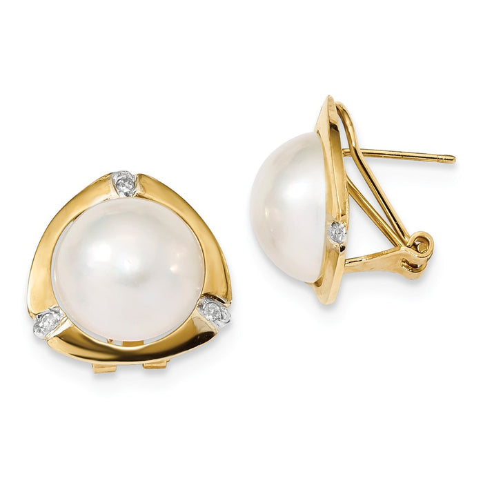 Million Charms 14k Yellow Gold 12-13mm White Saltwater Mabe Pearl .06ct Diamond Omega Back Earrings, 12 to 13mm x 12 to 13mm