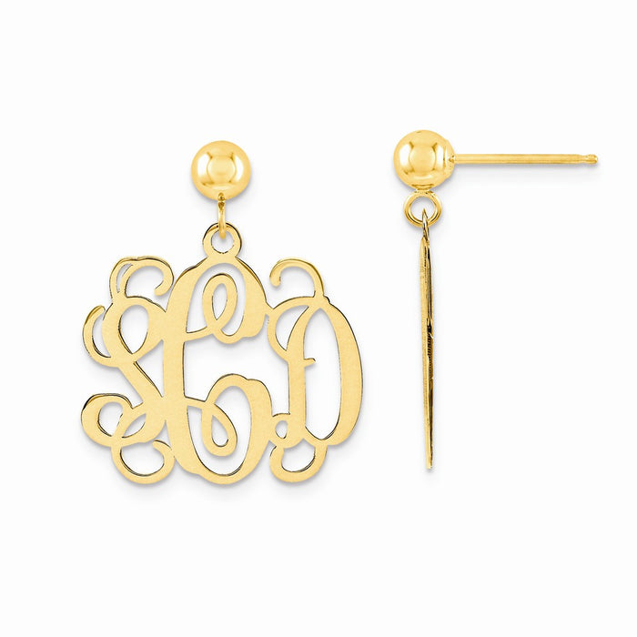 Million Charms 14k Yellow Gold Polished Monogram Post Dangle Earrings, 22mm x 18mm