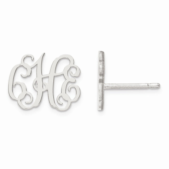 Million Charms 14k White Gold Small Laser Polished Monogram Post Earrings, 10mm x 12mm