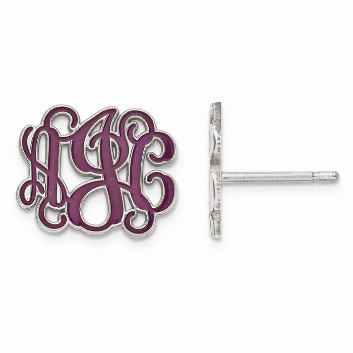 Stella Silver 925 Sterling Silver Rhodium-plated Small Enameled Monogram Post Earrings, 11mm x 13mm