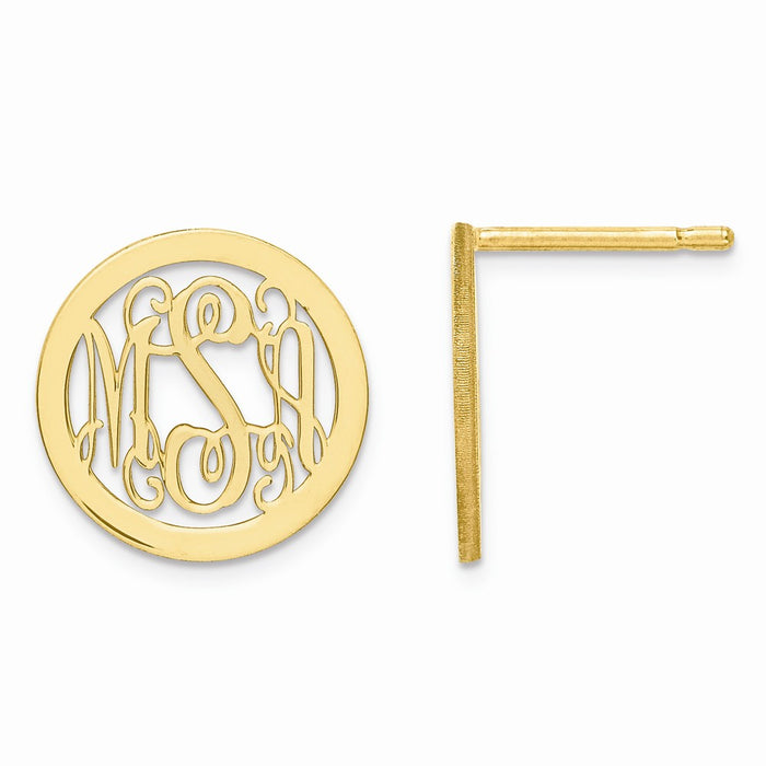Million Charms Gold Plated/SS Laser Polished Small Monogram Circle Post Earrings, 13mm x 13mm