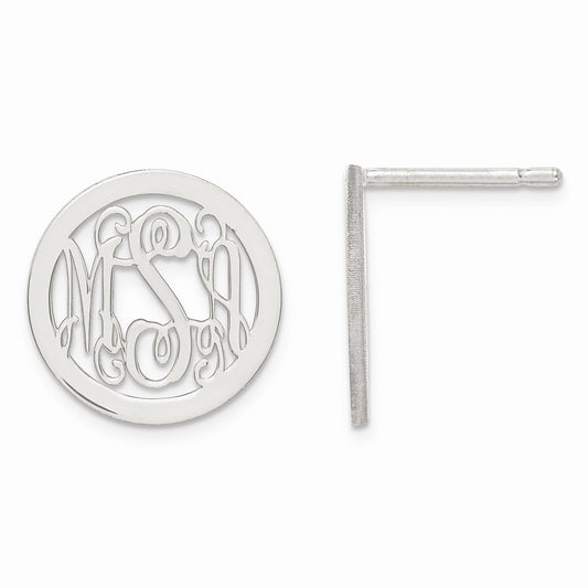 Stella Silver 925 Sterling Silver Rh-plt Laser Polished Small Monogram Circle Post Earrings, 13mm x 13mm