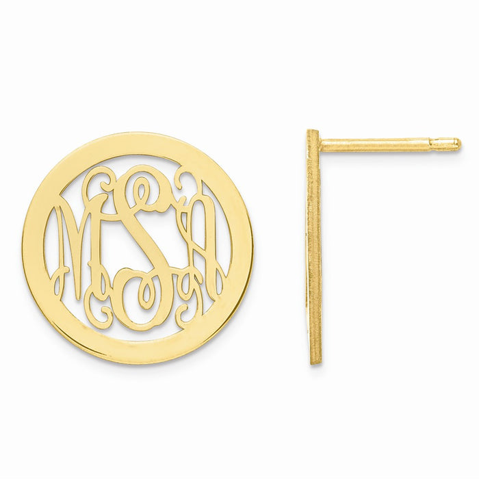 Million Charms Gold Plated/SS Laser Polished Medium Monogram Circle Post Earrings, 16mm x 16mm