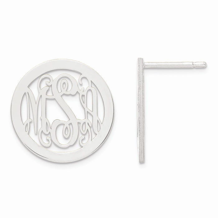 Million Charms 925 Sterling Silver Rhodium Plated  Laser Polished Medium Monogram Circle Post Earrings, 16mm x 16mm