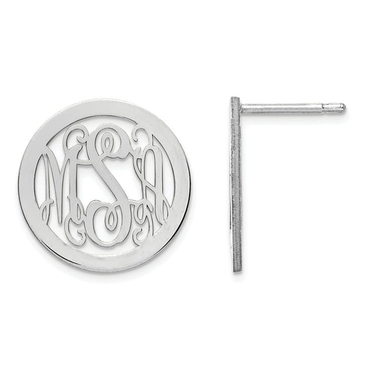 Million Charms 14k White Gold Laser Polished Medium Monogram Circle Post Earrings, 16mm x 16mm