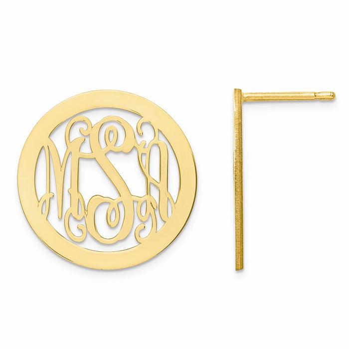 Million Charms 14k Yellow Gold Laser Polished Large Monogram Circle Post Earrings, 19mm x 19mm