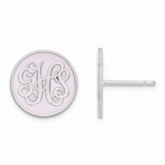 Million Charms 925 Sterling Silver Rhodium Plated  Small Polished Enameled Monogram Circle Post Earrings, 13mm x 13mm