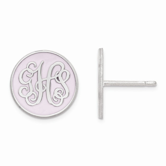 Million Charms 925 Sterling Silver Rhodium Plated  Small Polished Enameled Monogram Circle Post Earrings, 13mm x 13mm