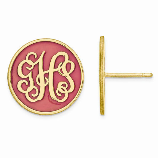 Million Charms Gold Plated/SS Medium Enameled Monogram Circle Post Earrings, 16mm x 16mm