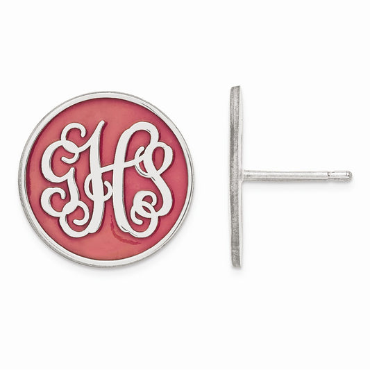 Stella Silver 925 Sterling Silver Rh-plt Medium Enameled Monogram Circle Post Earrings, 16mm x 16mm