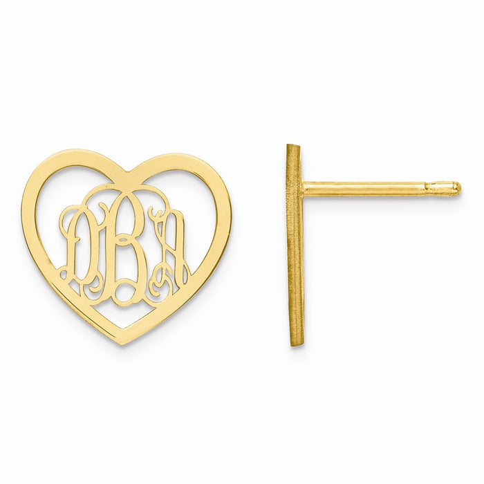 Million Charms Gold Plated/SS Small Laser Polished Heart Monogram Post Earrings, 12mm x 13mm