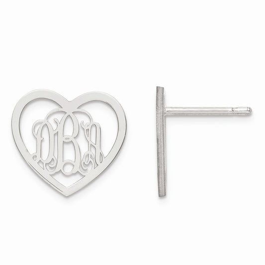 Stella Silver 925 Sterling Silver Rh-plt Small Laser Polished Heart Monogram Post Earrings, 12mm x 13mm