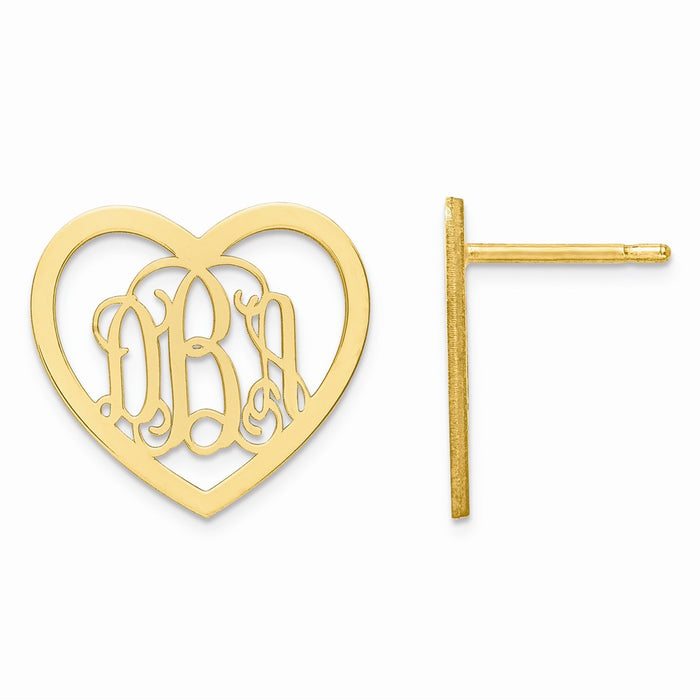 Million Charms Gold Plated/SS Medium Laser Polished Heart Monogram Post Earrings, 15mm x 16mm