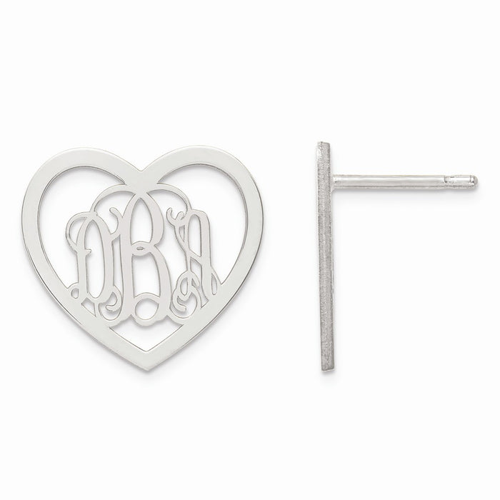 Stella Silver 925 Sterling Silver Rh-plt Medium Laser Polished Heart Monogram Post Earrings, 15mm x 16mm