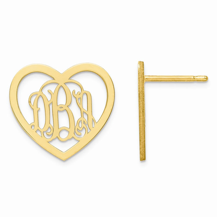 Million Charms 14k Yellow Gold Medium Laser Polished Heart Monogram Post Earrings, 15mm x 16mm