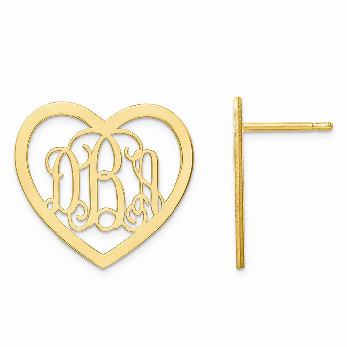 Million Charms Gold Plated/SS Large Laser Polished Heart Monogram Post Earrings, 18mm x 19mm