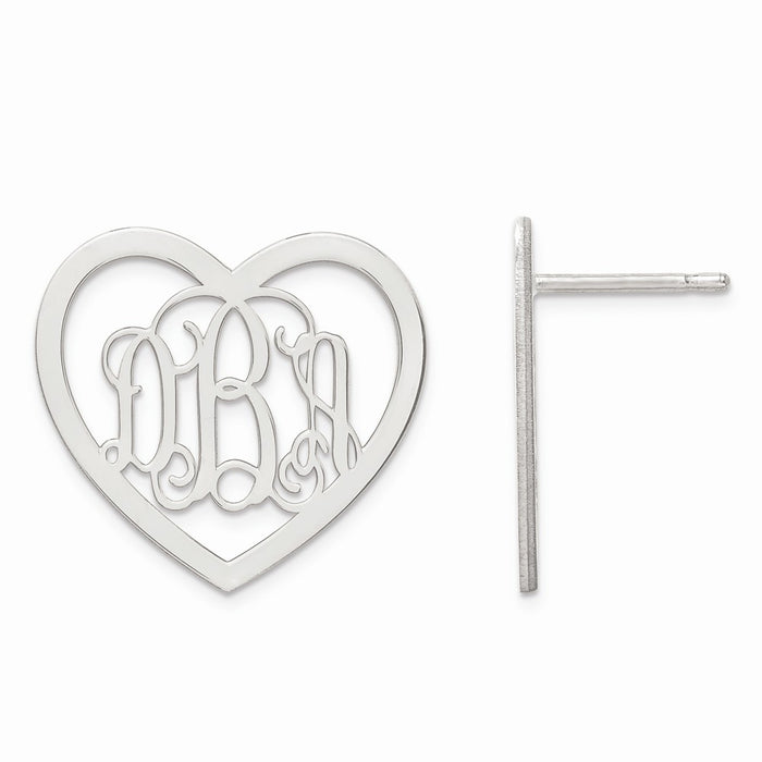 Stella Silver 925 Sterling Silver Rh-plt Large Laser Polished Heart Monogram Post Earrings, 18mm x 19mm